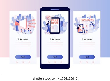 Fake news metaphors. Screen template for mobile smart phone. Modern flat cartoon style. Vector illustration on white background
