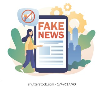 Fake news metaphors. Tiny girl read news with mobile app. Mass media, hot online information, propaganda newscast. Modern flat cartoon style. Vector illustration on white background
