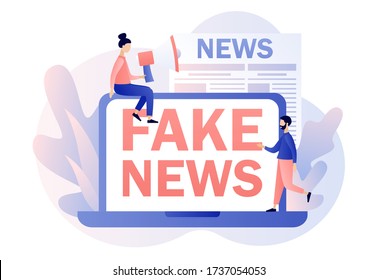 Fake news metaphors. Tiny people read online newspaper. Mass media, hot online information, propaganda newscast. Modern flat cartoon style. Vector illustration on white background