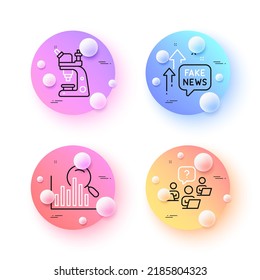 Fake news, Microscope and Teamwork question minimal line icons. 3d spheres or balls buttons. Search icons. For web, application, printing. Wrong fact, Chemistry laboratory, Remote work. Vector