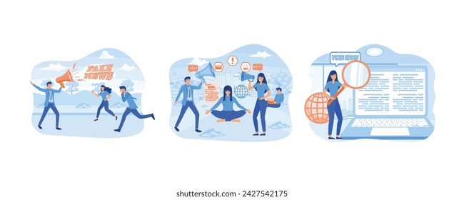 Fake news or misleading information. Stop spreading hoax and fake news. Woman with magnifying glass research on fake news spreads in social media. set flat vector modern illustration 