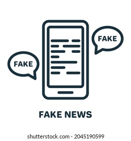 Fake News On Mobile Phone Line Icon. Disinformation Concept. Hoax, Fake, False On Smartphone Linear Pictogram. Message With Misinformation Outline Icon. Editable Stroke. Isolated Vector Illustration.