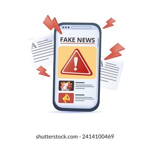 Fake news on phone 3D vector illustration. Cartoon disinformation concept, fake facts in social media with megaphone, putting barrier and warning sign on megaphone to stop spread, share disinformation