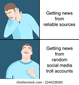 Fake news on social media and conspiracy theories meme. Funny meme for social media sharing.