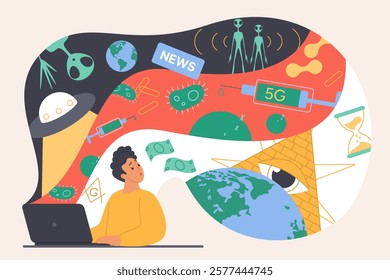 Fake news, online conspiracy theory and impact of disinformation. Tiny man and false facts flow from computer screen, delusion about vaccine and virus, aliens, 5G danger cartoon vector illustration