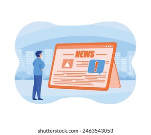 Fake news online or important breaking news concept on daily digital tablet computer reading person man, electronic internet fraud newspaper. flat vector modern illustration 