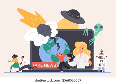 Fake news, online misinformation, stop chaos of disinformation in social media. Tiny people running away in panic, false facts about alien invasion and UFO on laptop screen cartoon vector illustration