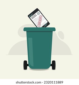 Fake News online on phone throw in bin design vector illustration