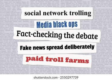 Fake news, online trolling and fact checking - modern media discourse issues. News headlines from newspapers.