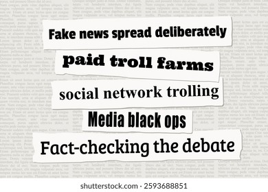 Fake news, online trolling and fact checking - modern media discourse issues. News headlines from newspapers.