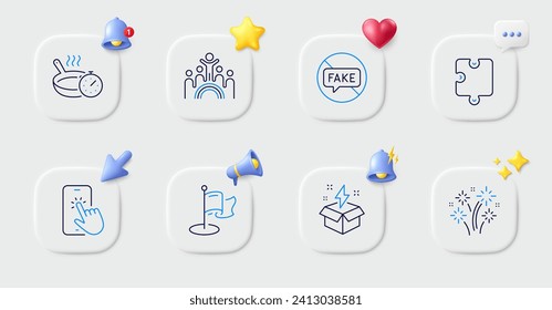 Fake news, Phone touch and Puzzle line icons. Buttons with 3d bell, chat speech, cursor. Pack of Inclusion, Creative idea, Milestone icon. Fireworks, Frying pan pictogram. Vector