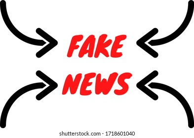 Fake news phrase written in red. White background and four black arrows