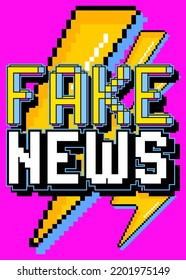 Fake News. Pixelated word with geometric graphic background. Vector cartoon illustration.