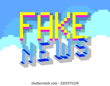 Fake News. Pixelated word with geometric graphic background. Vector cartoon illustration.