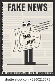 Afiche de noticias falsas diseñado al estilo de un periódico. Caricatura de un periódico de carácter gracioso con la inscripción "noticias falsas". Ilustración vectorial en estilo retro de animación antigua.