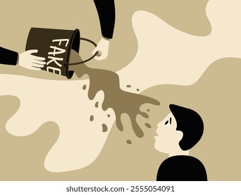 Fake news - pouring a bucket of slop on the listener. Vector illustration, neutral colors