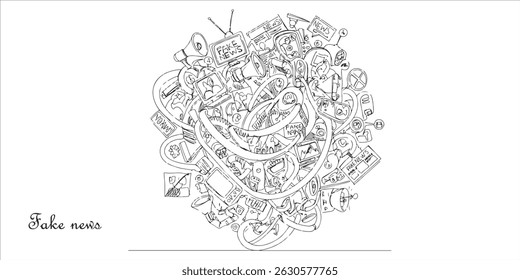 Fake news, propaganda and disinformation continuous single line art drawing sketch on white background	