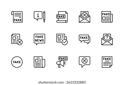 Fake News related vector linear icons set. Isolated icon collection such as deception, network, information, fake, content, distortion, news and more. Isolated icon collection of false news related.