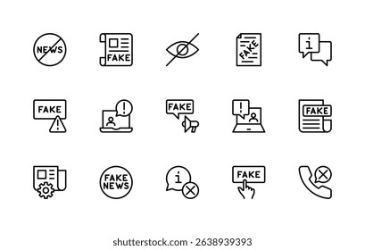 Fake News related vector linear icons set. Isolated icon collection such as distortion, news, incorrect information, headline, exposure and more. Isolated icon collection of false news related.