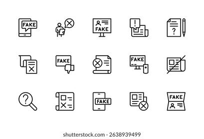 Fake News related vector linear icons set. Isolated icon collection such as incorrect information, exposure, article, sources, digital, lies and more. Isolated icon collection of false news related.