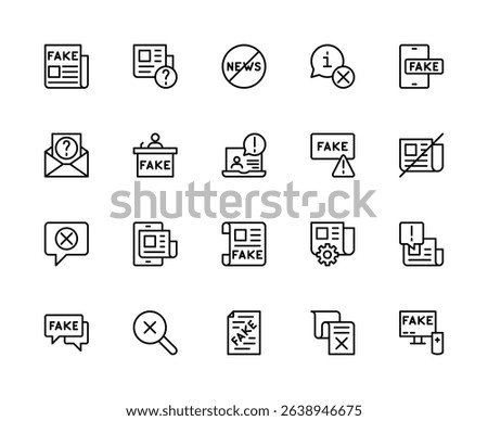 Fake News related vector linear icons set. Contains such icons as facts, propaganda, clickbait, rumors, internet hoax and more. Isolated fake news related icons collection on white background.