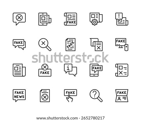 Fake News related vector linear icons set. Contains such icons as internet hoax, warning, deception, network, information and more. Isolated fake news related icons collection on white background.