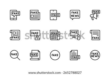 Fake News related vector linear icons set. Isolated icon collection such as incorrect information, fake news, disinformation, false, untrue and more. Isolated icon collection of false news related.