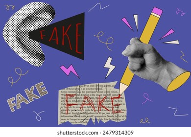 Fake news retro Collage design. Set of Halftone element and vintage torn newspaper. Halftone business false vector illustration in trendy 90s style. Cheap fake concept