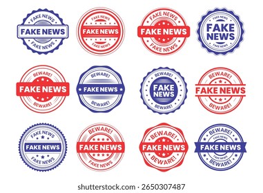 Fake news rubber stamp grunge red ink seal badge sign symbol dusty grainy effect fraud media propaganda misleading report disinformation false newspaper.