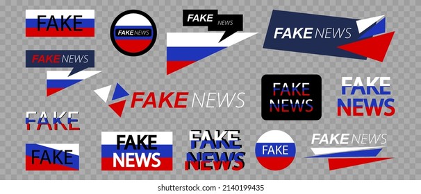 Fake News From Russia Icons Set. Russia Flag With Text 