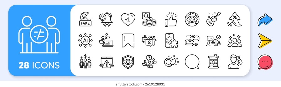 Fake news, Salary and Inspect line icons. Interest rate, AI generate, Inflation icons. Pack of Online warning, Discrimination, Eye detect icon. Survey progress, Guitar, Cyber attack pictogram. Vector