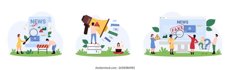 Conjunto de notícias falsas. Minúsculas pessoas estudam com artigo de lupa em jornal ou documento, texto na tela do computador, segurando mensagem de aviso sobre falsa informação ilustração de vetor de desenhos animados