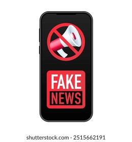 Falso smartphone de notícias, compartilhamento de informações falsas nas mídias sociais. Hoax na internet e nas mídias sociais. Espalhando o conceito de notícias falsas. Sinal de jornal de mídia. Ilustração vetorial