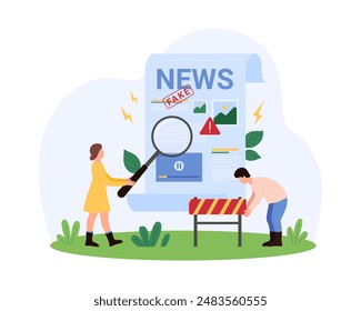 Fake news, social media disinformation and wrong fact spreading detection and control. Tiny people with magnifying glass verify false facts and and lies in information text cartoon vector illustration