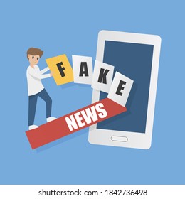 fake news in social media,Men do not receive fake news from mobile phones,Vector illustration.