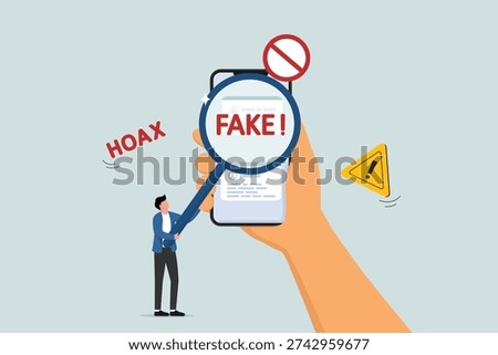Fake news, the spread of misinformation on social media, censorship of hoaxes or lies, the concept of fraud reporting, people using a magnifying glass on social media as a concern for fake news.