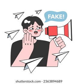 Falsche Nachrichten verbreiten sich. Manipulation und Kontrolle über das Bewusstsein der Menschen. Medien, die Charakter beeinflussen und manipulieren. Propaganda, Hoaxes und Internet-Fälschungen. Flache Vektorgrafik