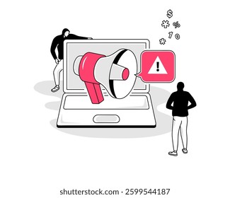Fake news symbol with a laptop computer and a megaphone with manipulated information. Flat design, easy to use for your website or presentation.