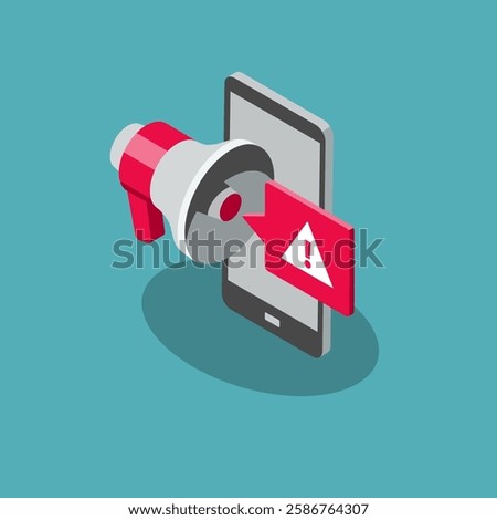 Fake news symbol with a smartphone and a megaphone with manipulated information. Isometric flat design, easy to use for your website or presentation.