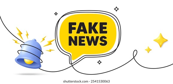 Fake news tag. Continuous line art banner. Media newspaper sign. Daily information symbol. Fake news speech bubble background. Wrapped 3d bell icon. Vector