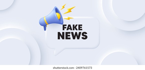 Fake News-Tag. Neumorpher 3D-Hintergrund mit Sprachblase. Zeitungsschild für Medien. Tägliches Informationssymbol. Fake-News-Sprachnachricht. Banner mit Megaphon. Vektorgrafik