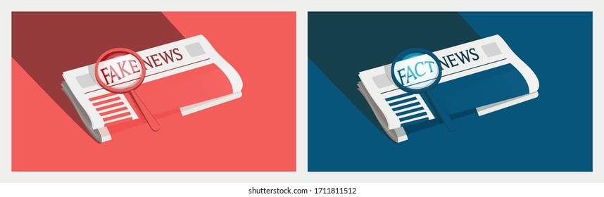 Fake News Template, Editable Vector Illustration. Newspapers On Blue And Red Background. Debunking, Hoax And Junk News Concept. Magnifying Glass Over Paper. Modern Clean Flat Design