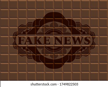 Fake News text inside chocolate badge. Brown exquisite background. Artistic illustration. 