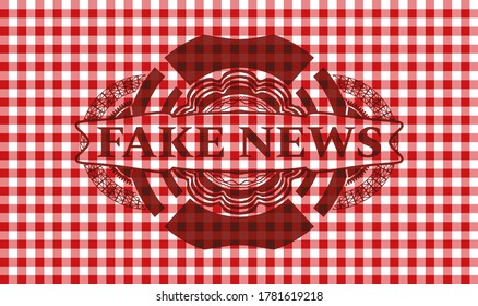 Fake News text inside red checkered tablecloth realistic badge. Restaurant graceful background. Vector illustration. 