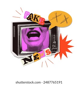 Fake news Trendy Retro collage with screaming face in TV with halftone effect and speech bubble, cutout paper text. Vector Elements for banners, posters, social networks.