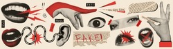 Fake News Trendy Vintage Collage Konzeption. Halftone Lippen, Augen, Hände. Retro-Zeitung Und Zerrissenes Papier. Elemente Für Banner, Poster, Soziale Medien. Vektorgrafik.