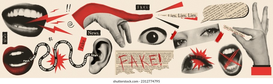 Fake news trendy vintage collage conception. Halftone lips, eyes, hands. Retro newspaper and torn paper. Elements for banners, poster, sosial media. Vector.