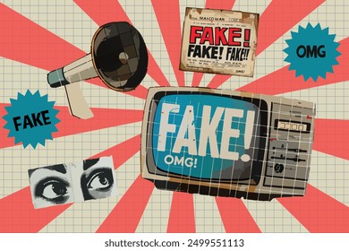 Collage vintage de moda de noticias falsas con TV, ojos, periódico retro, altavoz con efecto de medio tono. Estilo pop retro para Anuncios, carteles, redes sociales. 