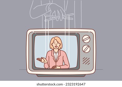 Fake news from TV due to puppeteer manipulating woman announcer to spread disinformation or government propaganda. Concept of mass media and journalists voicing fake news for television listeners