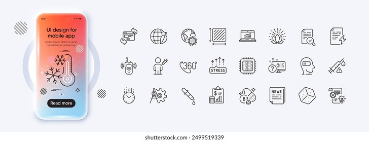 Fake news, Vaccine attention and Lotus line icons for web app. Phone mockup gradient screen. Pack of Square area, Weariness, Online quiz pictogram icons. Vector